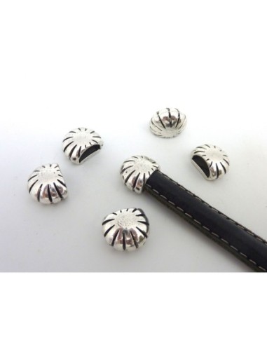 2 Perles embout de finition pour cordon demi rond de 10,2 x 5,5mm en métal argenté strié
