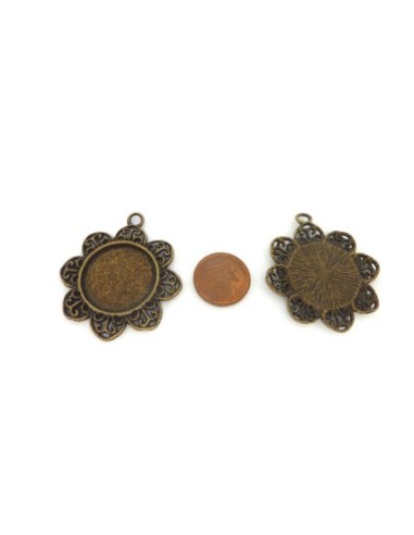 Support cabochon forme fleur en métal de couleur bronze pour verre rond 20mm