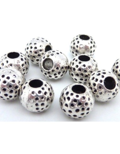 20 Perles ronde gravé de points 9,8mm en métal argenté gros trou 3,6mm