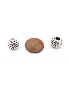 20 Perles ronde gravé de points 9,8mm en métal argenté gros trou 3,6mm 2