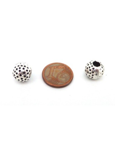20 Perles ronde gravé de points 9,8mm en métal argenté gros trou 3,6mm