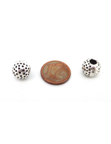 20 Perles ronde gravé de points 9,8mm en métal argenté gros trou 3,6mm