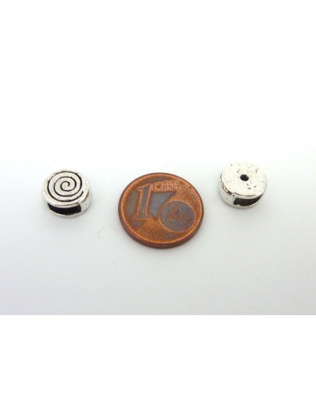 perle passant en métal argenté gravé spirale pour lanière 5mm