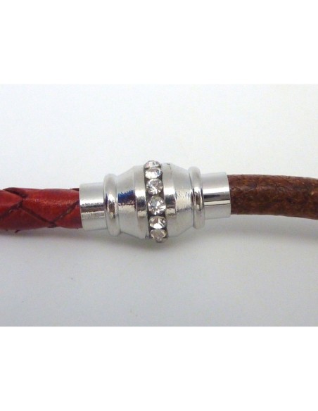 Fermoir aimanté tube orné de strass pour cordon de 5mm en métal argenté