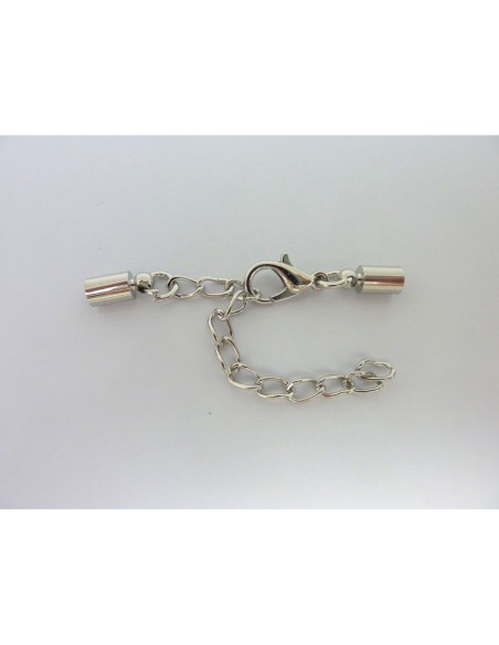 Fermoir mousqueton embout rond pour fil de 3,5mm en métal argenté avec chaine de rallonge