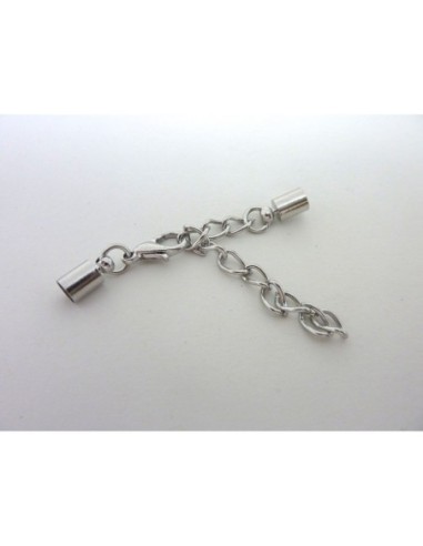 2 Fermoirs mousqueton embout rond pour fil de 4mm en métal argenté avec chaine de rallonge