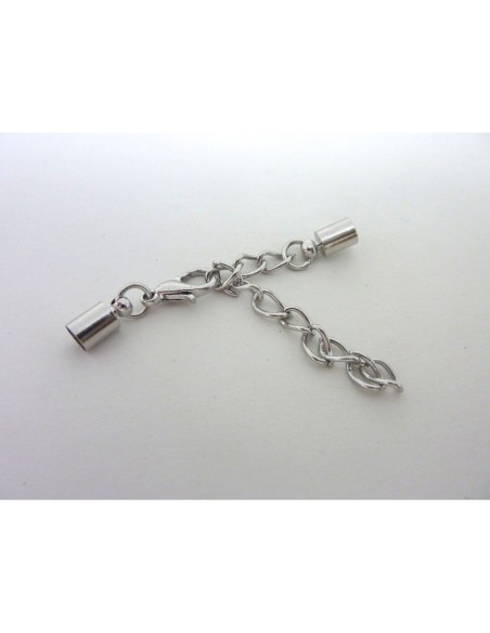 2 Fermoirs mousqueton embout rond pour fil de 4mm en métal argenté avec chaine de rallonge