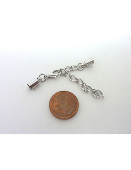 2 Fermoirs mousqueton embout rond pour fil de 4mm en métal argenté avec chaine de rallonge