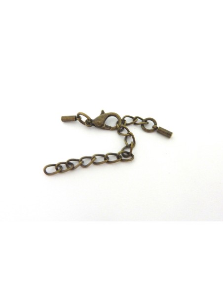 2 Fermoirs mousqueton embout rond pour fil de 1mm en métal couleur bronze avec chaine de rallonge