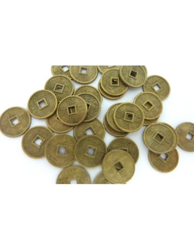 30 Petites Perles intercalaires pièces chinoises 10mm en métal de couleur bronze, vieil or mat