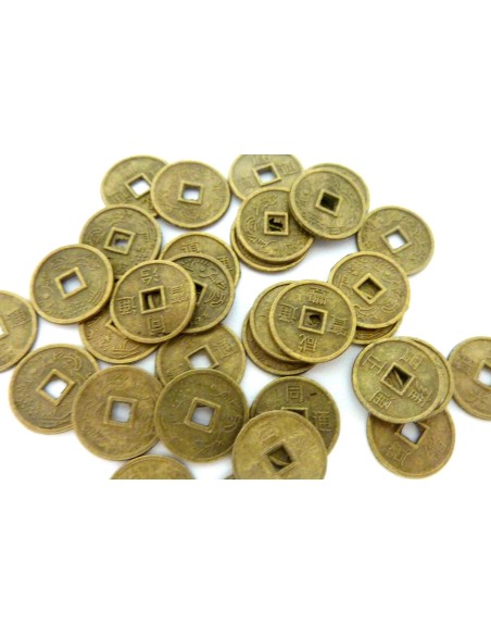 30 Petites Perles intercalaires pièces chinoises 10mm en métal de couleur bronze, vieil or mat