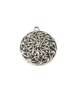 4 Pendentif, breloque rond filigrane 29,3mm en métal argenté