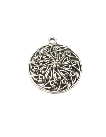 4 Pendentif, breloque rond filigrane 29,3mm en métal argenté