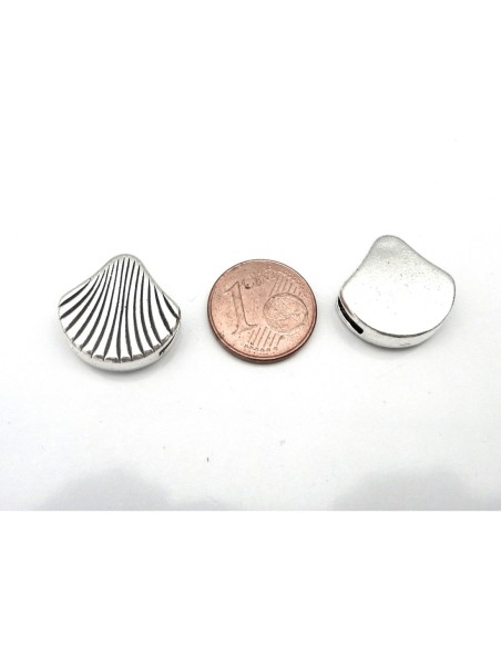 10 Perles passant coquille Saint Jacques en métal argenté pour lanière de 11-12mm