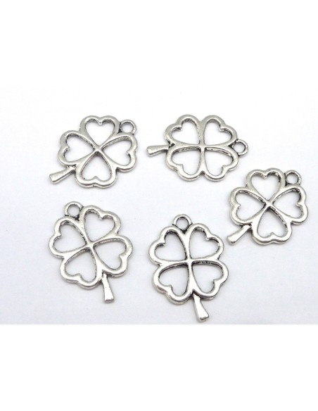 Breloques, pendentif trèfle à 4 feuilles en coeur 24,7mm en métal argenté