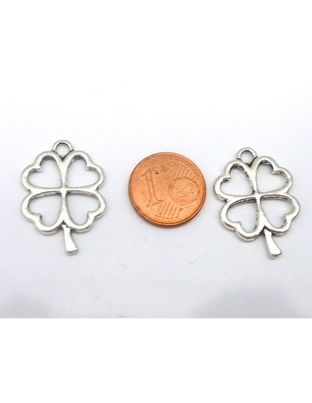 5 breloques, pendentif trèfle à 4 feuilles en coeur en métal argenté