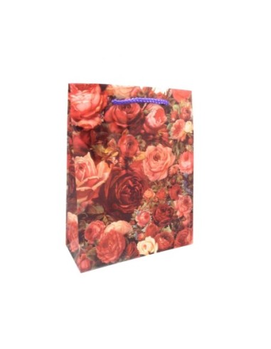 Pochette cadeaux en papier glacé 18x23cm motif rose lanière violet