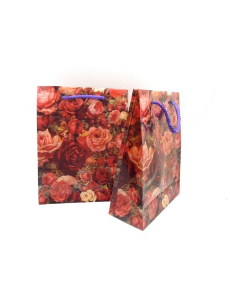 Pochette cadeaux en papier glacé 18x23cm motif rose lanière violet