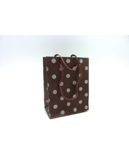 Pochette cadeaux 11,5 x 14,5cm marron foncé à pois gris argenté à soufflet en papier épais