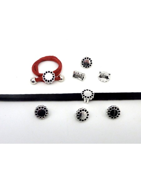 10 Perles passant fleur ronde pour lanière de 6mm en métal argenté
