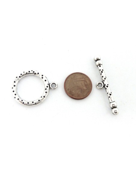 Fermoir rond en T toogle 21mm en métal argenté gravé de points