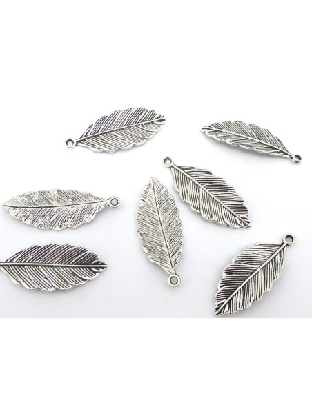 5 Breloques pendentifs feuille 31,5mm en métal argenté strié