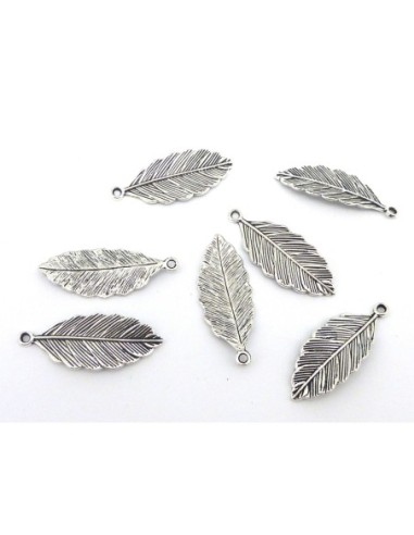 5 pendentifs feuille 31,5mm en métal argenté strié