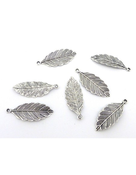 5 pendentifs feuille 31,5mm en métal argenté strié