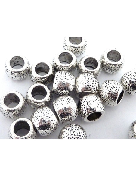 perle ronde gravé de points en métal argenté à gros trou