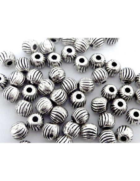 R-20 Perles ronde 5,2mm en métal argenté strié