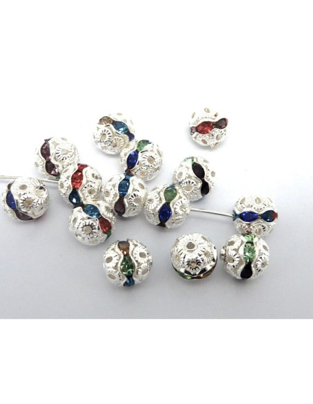 R-5 Perles ronde filigrane 8mm serti de strass multicolore et acrylique argenté