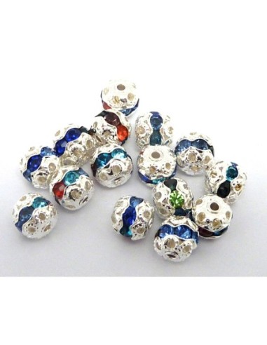 R-5 Perles ronde filigrane 6mm serti de strass multicolore et acrylique argenté