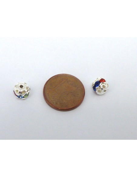 R-5 Perles ronde filigrane 6mm serti de strass multicolore et acrylique argenté