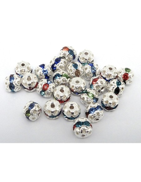 R-5 Perles ronde filigrane 6mm serti de strass multicolore et acrylique argenté