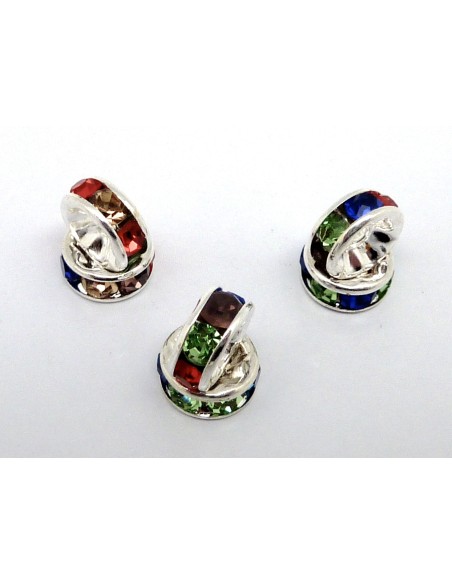R-10 Perles rondelle strass multicolore 8mm intercalaire argenté brillant