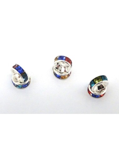 Perle rondelle à strass multicolore en métal argenté brillant pas chère