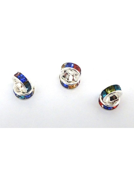 Perle rondelle à strass multicolore en métal argenté brillant pas chère