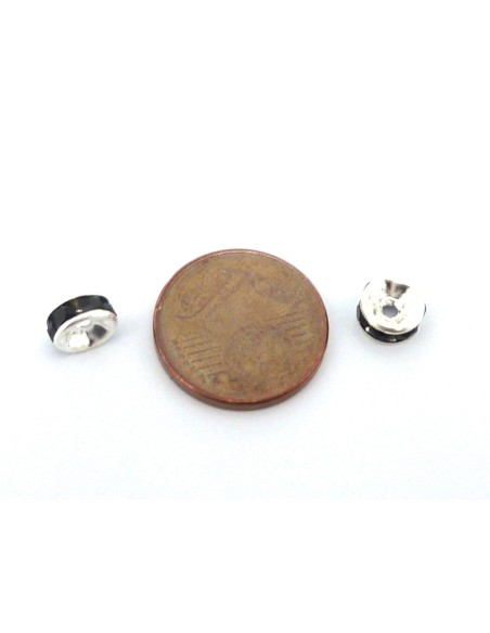 R-10 Perles rondelle strass noir 6mm intercalaire argenté brillant