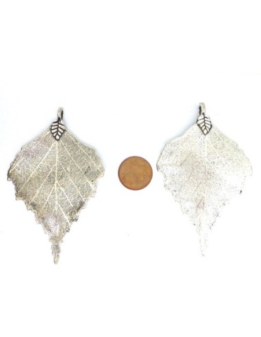 Grand pendentif feuille 73mm en métal argenté