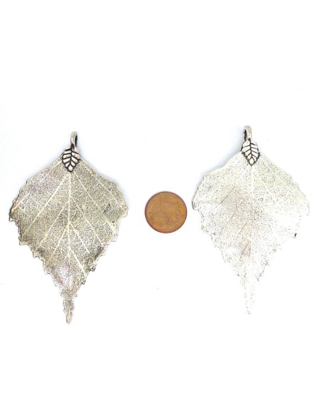 Grand pendentif feuille 73mm en métal argenté
