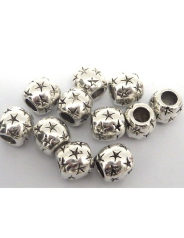 Perle ronde 10,9mm gravé d'étoiles en métal argenté