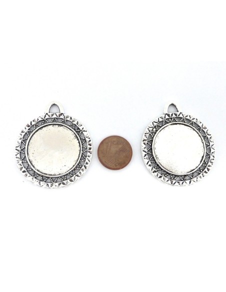 Lot de 2 Supports cabochon pendentif rond pour cabochon de 25mm en métal argenté