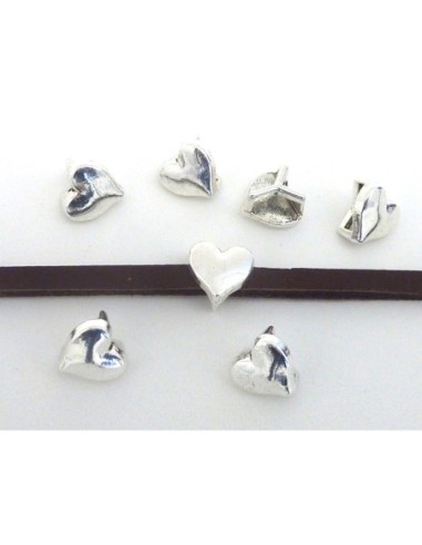 10 Perles passant coeur lanière de 7mm en métal argenté