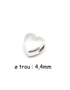 Perle coeur argenté à gros trou en métal