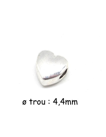 Perle coeur argenté à gros trou en métal