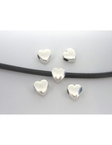 Perles coeur 11,3mm en métal argenté, à gros trou 4,4mm