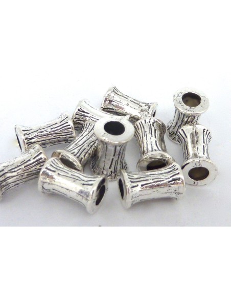 5 Perles cylindre style diabolo 12,5mm en métal argenté strié