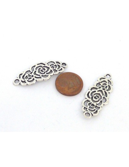 R-4 Perles connecteur losange fleur 35mm en métal argenté légèrement incurvé