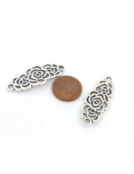 R-4 Perles connecteur losange fleur 35mm en métal argenté légèrement incurvé