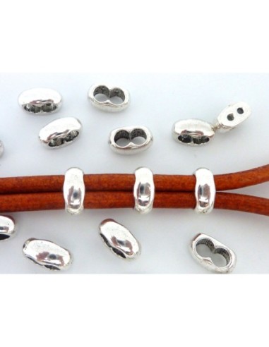 Perle passant double trou 9,5 x 4,5mm en métal argenté pour cordon cuir 3mm